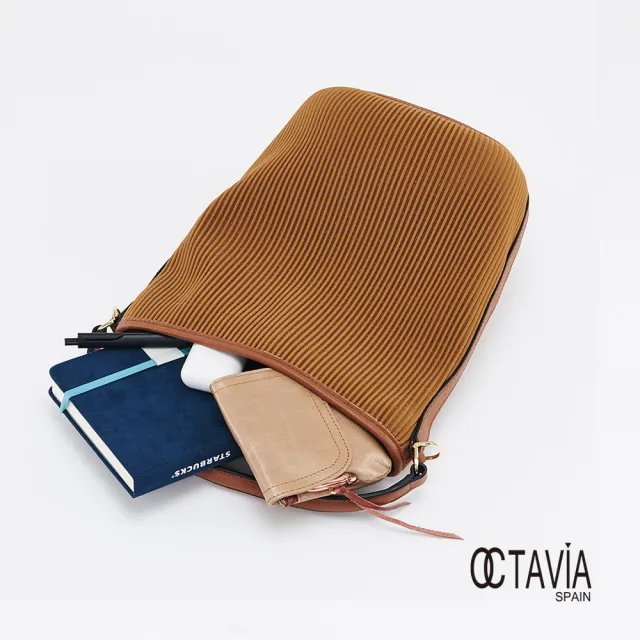 【OCTAVIA 8】雙11 水桶包百摺布配皮手提肩背斜背三用包(皺摺棕 水桶包 皺摺布)