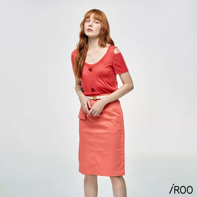 【iROO】假口袋及膝窄裙