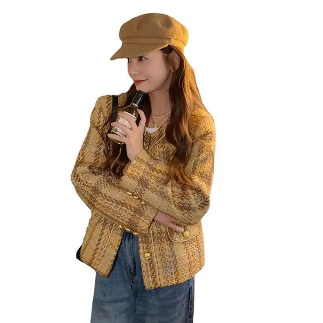 【米蘭精品】現貨+預購 毛呢外套短款大衣(復古粗花呢拼色格子女外套74dd50)