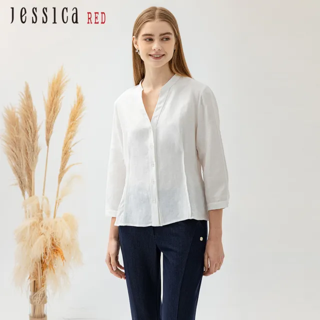 【Jessica Red】簡約舒適百搭亞麻混紡V領襯衫82413A（白）
