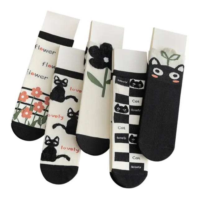 【橘魔法】（5雙一組）黑白貓咪直板中筒襪 (短襪 襪子 兒童 女童 兒童 童裝)
