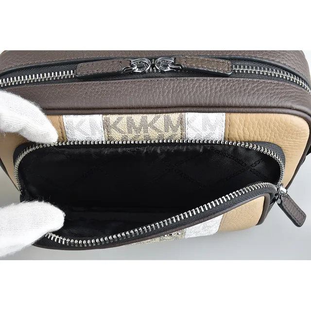 【Michael Kors】Hudson經典銀字LOGO全皮二合一相機零錢斜背包(淺駝x褐x白)