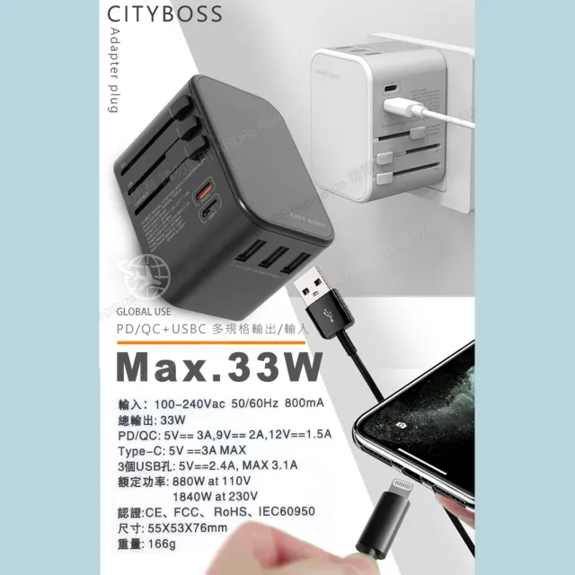 【CityBoss】萬用轉接頭急速充電器33W PD快充+2個Type-C快充輸出+3個USB-A輸出