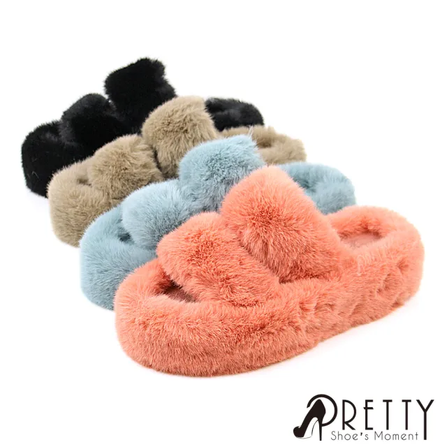 【Pretty】慵懶貴婦風保暖絨毛厚底室內拖鞋/居家拖鞋/保暖拖鞋/毛毛拖鞋(粉紅、卡其、藍色、黑色)