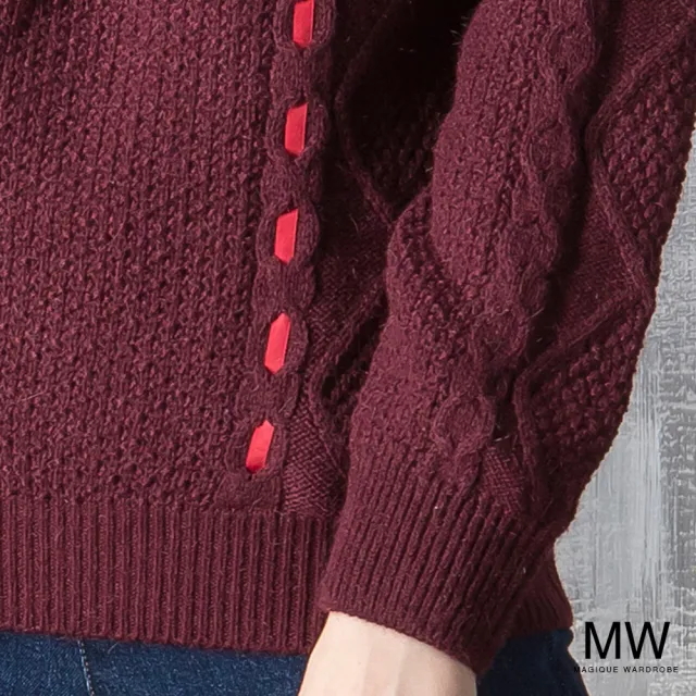 【MAGIQUE WARDROBE】麻花拼接緞帶針織長袖上衣(3色)