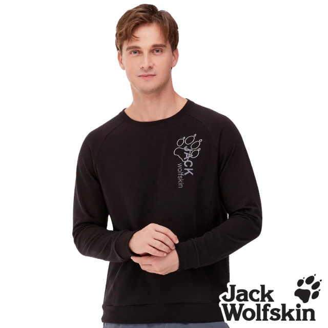 Jack wolfskin 飛狼 男 長袖保暖排汗衣 經典LOGO刺繡T恤 大學T(黑)