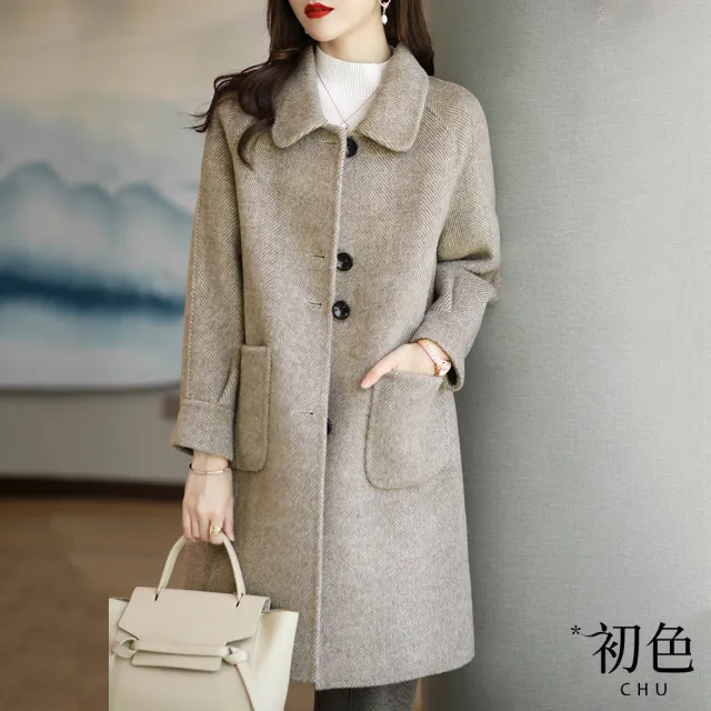 【初色】翻領中長款韓系毛呢大衣外套-共2色-64812(M-2XL可選)