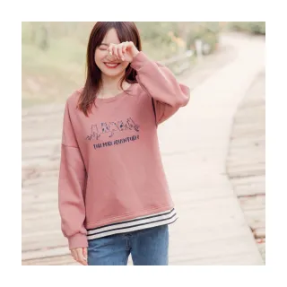 【OB 嚴選】台灣製造假兩件拼接條紋貓咪印圖刷毛棉T上衣 《AB14440》