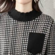 【MsMore】韓版氣質格紋拼接圓立領針織羅紋收腰顯瘦長袖中長版洋裝#114494(花紋)