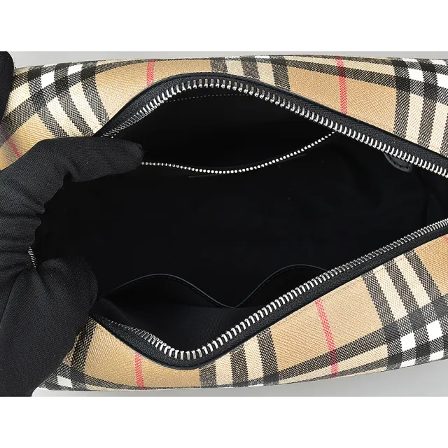 【BURBERRY 巴寶莉】BURBERRY Vintage經典格紋設計環保帆布拉鍊手拿旅行收納包(典藏米)