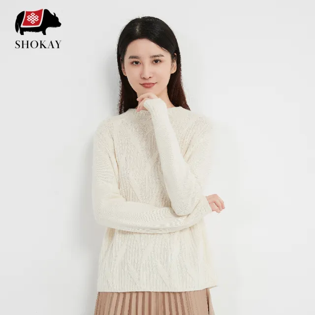 【SHOKAY】雙11 女士圓領麻花針織氂牛絨毛衣-米白(AW-SW-HB_AL)