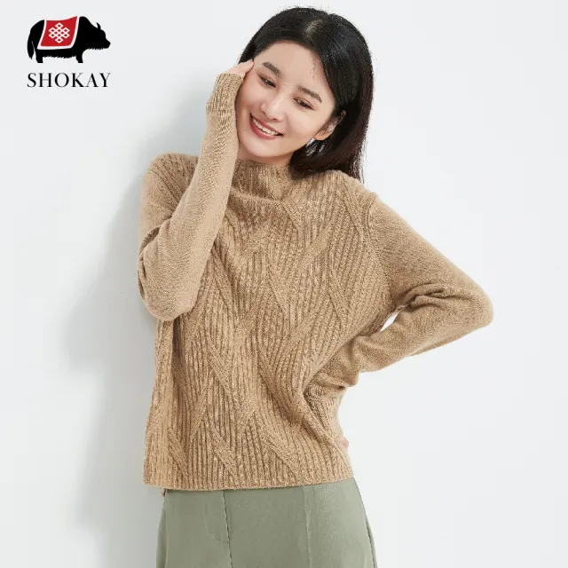 【SHOKAY】雙11 女士圓領麻花針織氂牛絨毛衣-駝色(AW-SW-HB_CM)