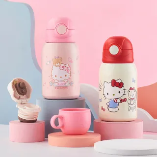 【優貝選】三麗鷗HELLO KITTY 粉嫩色系316不鏽鋼直飲式/吸管式 雙杯蓋兒童水壺套組 500ML(平輸品)