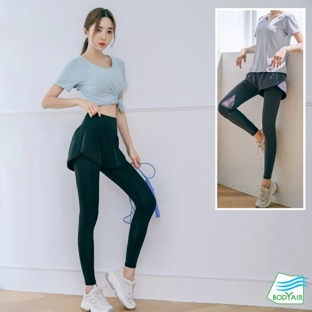 【BODYAIR】親膚S拼線上衣+假兩件柔韌九分褲套組(瑜珈.運動.慢跑.透氣.舞蹈.運動服.運動褲)