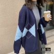 【JILLI-KO】韓版學院風大菱格寬鬆針織毛衣外套-F(深藍/卡)