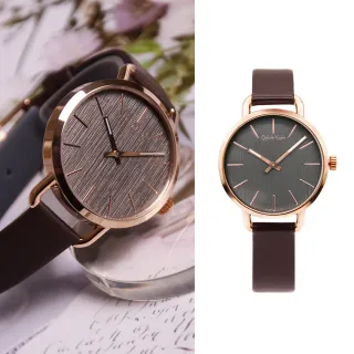 【Calvin Klein 凱文克萊】EVEN系列 木質灰面 玫瑰金殼 深咖啡色錶帶 CK錶-36mm 過年/新年(K7B236G3)