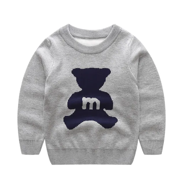 【時尚Baby】男童長袖線衫灰色熊影厚款線衫休閒上衣(男小童裝秋冬長袖上衣可愛保暖上衣)