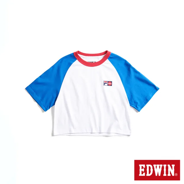 【EDWIN】x FILA聯名 女裝 經典主義拉克蘭袖拼接色短袖T恤(藍色)
