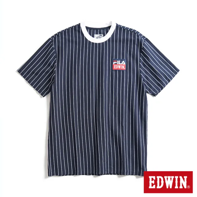 【EDWIN】x FILA聯名 男女裝 經典主義運動休閒直條紋短袖T恤(丈青色)