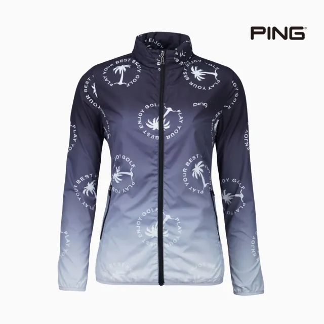 【PING】女款椰樹漸層印花抗UV防風防潑水風衣外套-黑(附收納袋/隱藏帽/GOLF/高爾夫球衫/RC22116-88)