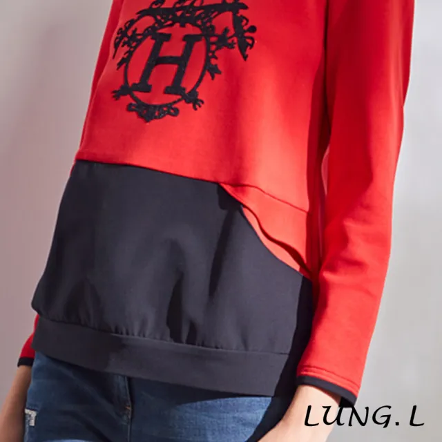 【LUNG.L 林佳樺】LL39A#紅黑圓領撞色拼接圖案長袖上衣(女裝)