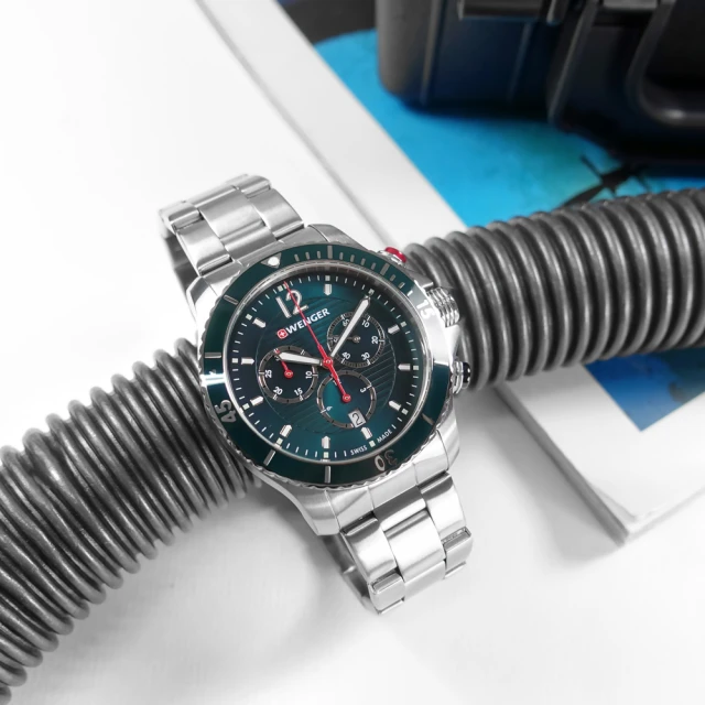 WENGER 威戈 Seaforce 海神 三眼計時 潛水錶 日期 防水200米 不鏽鋼手錶 藍綠色 43mm(01.0643.115)