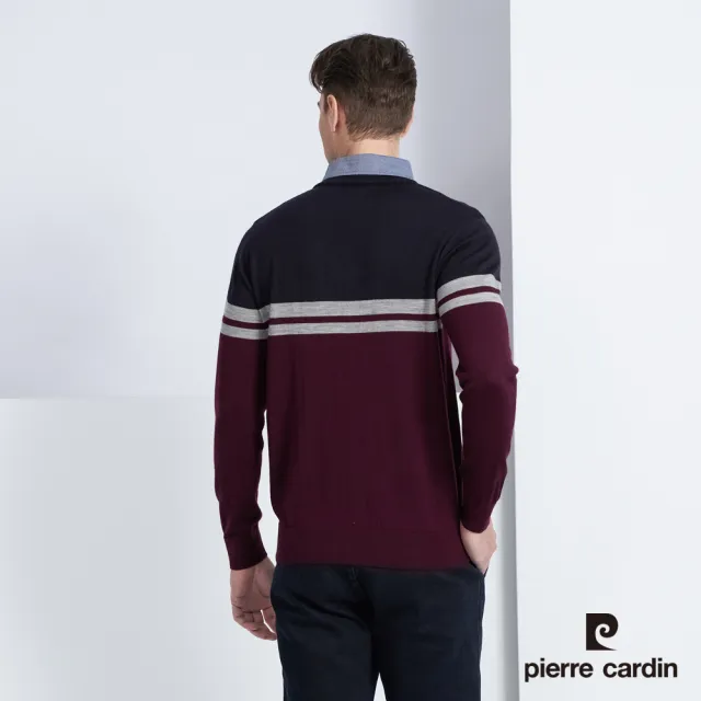 【pierre cardin 皮爾卡登】商務休閒 男款 羊毛混紡橫條襯衫領假兩件針織毛衣-酒紅色(5225474-28)