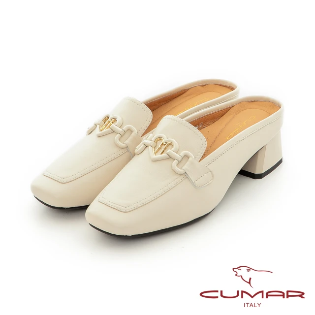 【CUMAR】愛心馬銜釦粗跟穆勒鞋(米白色)