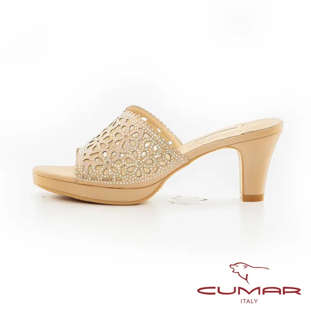 【CUMAR】鏤空網紗排鑽厚底粗跟拖涼鞋(金色)