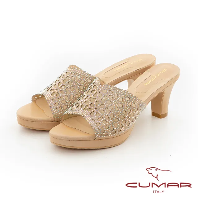 【CUMAR】鏤空網紗排鑽厚底粗跟拖涼鞋(金色)