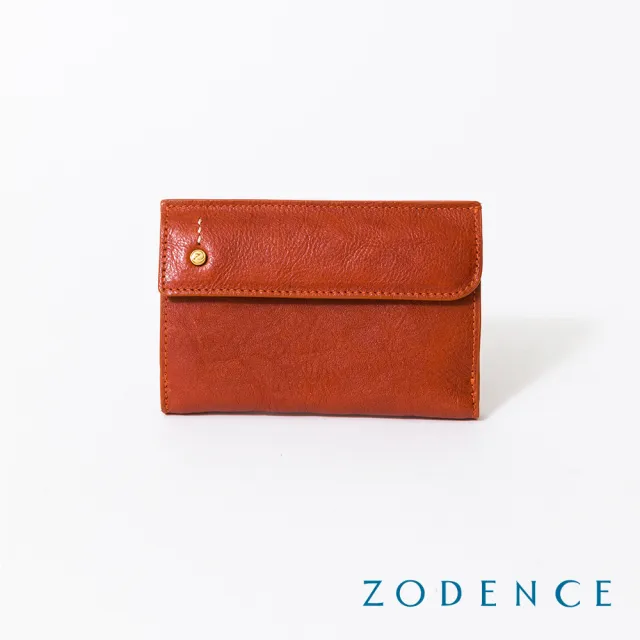【ZODENCE 佐登司】義大利植鞣革金點設計對開中夾(橘紅)