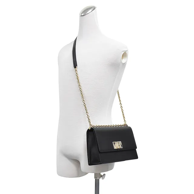 【FURLA 芙拉】FURLA 1927金字LOGO防刮牛皮旋扣式鏈帶斜背包(小/黑)