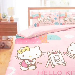 【享夢城堡】天絲卡通三件式床包涼被組(單人床包雙人涼被-HELLO KITTY 風景繪-粉)