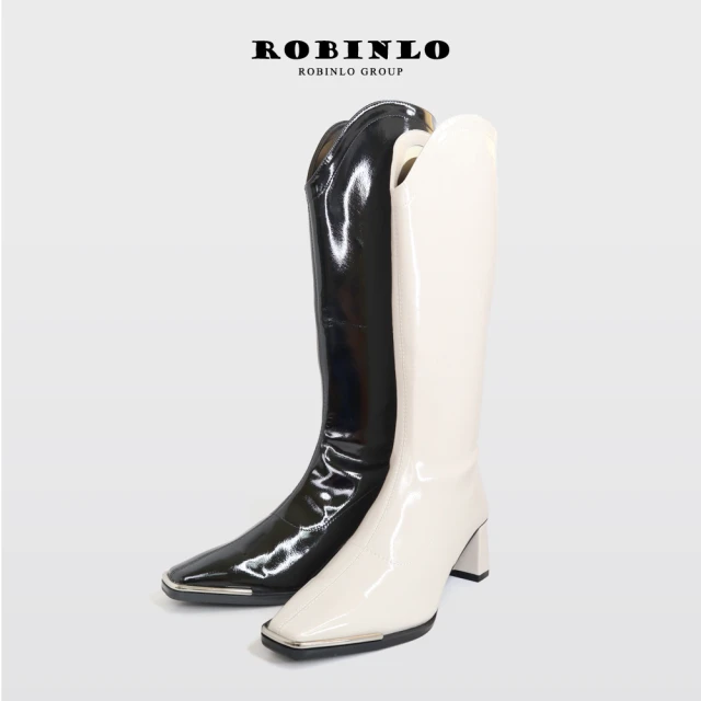 【Robinlo】時髦焦點漆皮高跟膝下靴長靴DRINA(極簡黑/奶油白)