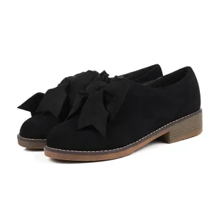 【KissXXX】粗跟休閒鞋/復古磨砂絨面大蝴蝶結造型粗跟休閒鞋(黑)