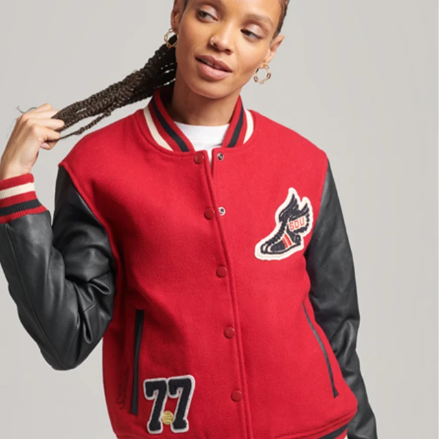 Superdry 女裝 長袖 休閒外套 Varsity Patched Bomber(紅)