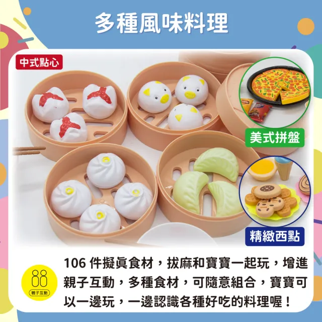 【OhBabyLaugh】蒸籠玩具 106件組(生日禮物/扮家家酒/烹飪玩具/仿真廚具/廚房玩具)