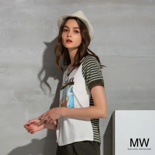 【MAGIQUE WARDROBE】V領拼接條紋印花上衣(綠白條紋)