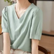 【MsMore】純色舒適上衣夏季新款時尚質感V領泡泡袖百搭T恤 #116948(綠)