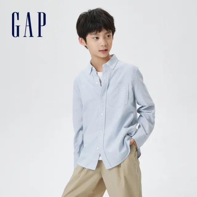 【GAP】男童裝 翻領牛津布長袖襯衫-藍色(426037)