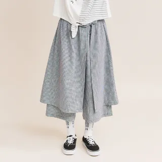 【Dailo】格紋簡約全鬆緊-女長褲 褲裙 藍 黑(二色/魅力商品/版型適中)