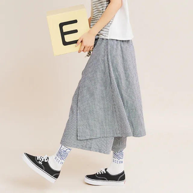 【Dailo】格紋簡約全鬆緊-女長褲 褲裙 藍 黑(二色/魅力商品/版型適中)