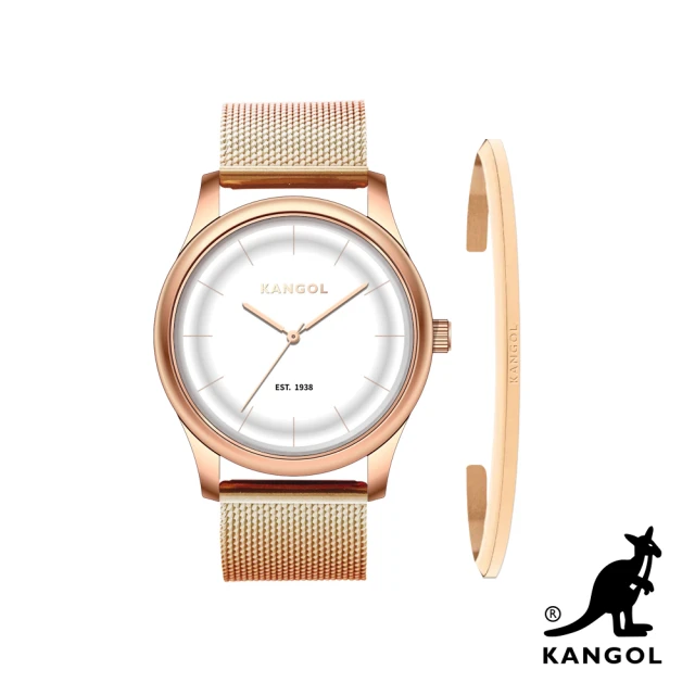 【KANGOL】英國袋鼠│限量1+1雅緻禮盒組-弧形時尚腕錶+簡約Logo手環-玫瑰金(KG71238-06ZW)