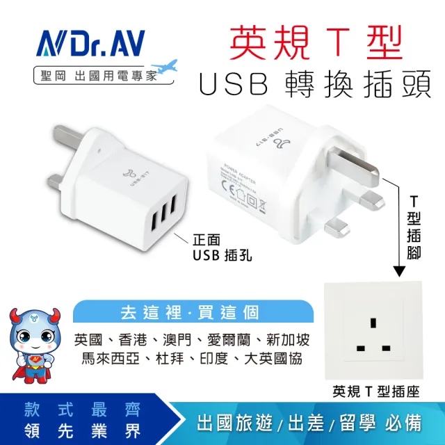 【Dr.AV 聖岡科技】POWER BULL  UTA-87-2入 英規T型3USB充電器3.1A(萬國轉換插頭 轉換插頭 插頭 轉換插)