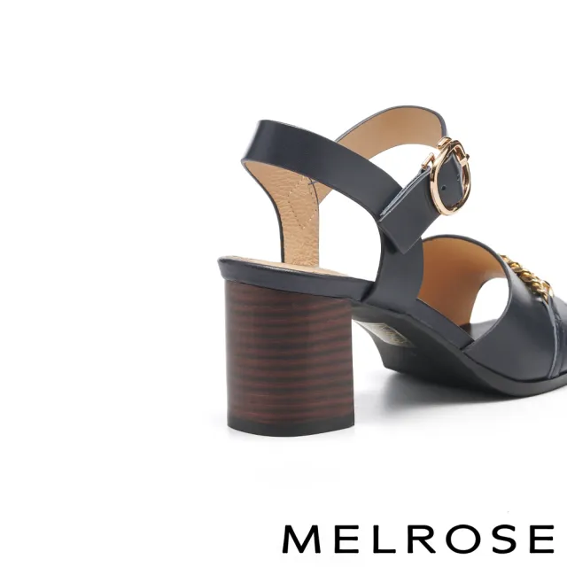【MELROSE】氣質時髦金屬鏈條牛皮方頭高跟涼鞋(藍)