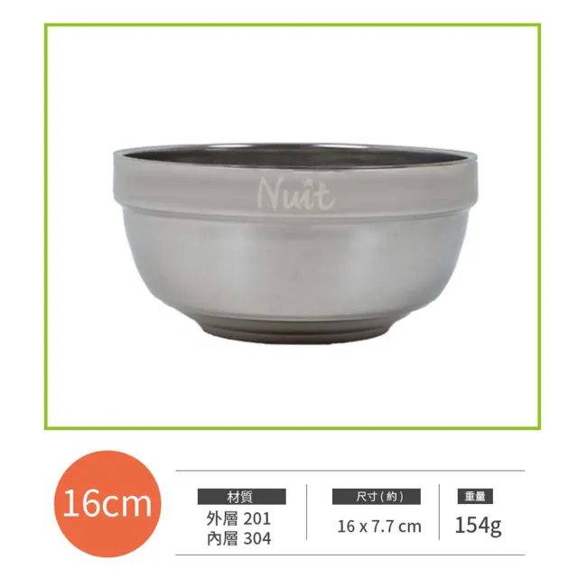 【NUIT 努特】304不鏽鋼雙層隔熱碗 16cm 不鏽鋼碗 不鏽鋼雙層碗 餐碗 湯碗 隔熱碗餐具(NTF193)