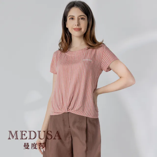 【MEDUSA 曼度莎】現貨-柔粉條紋嫘縈上衣（M-XL）｜女上衣 女短袖上衣 嫘縈上衣(101-71701)