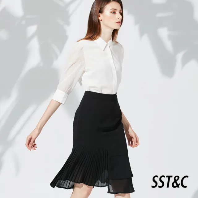 【SST&C 出清２折】黑色不對襯設計款雪紡魚尾裙8361903002