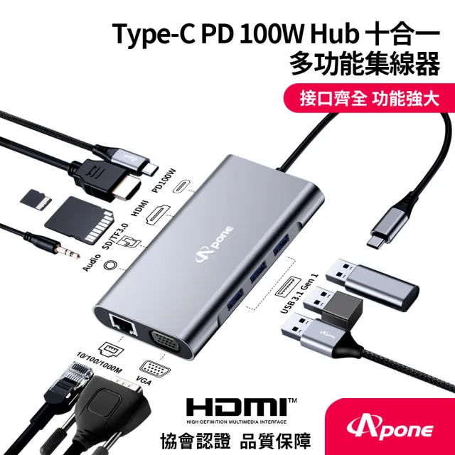 【Apone】Type-C PD 100W Hub十合一多功能集線器