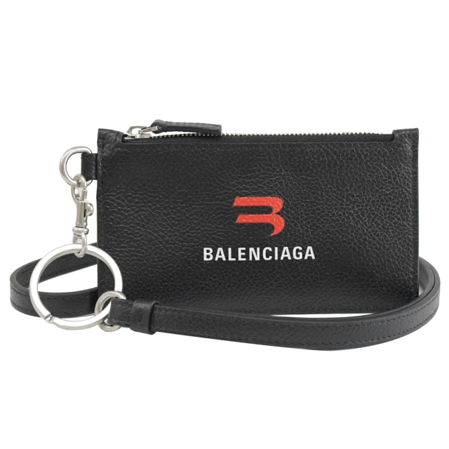 【Balenciaga 巴黎世家】新版經典品牌LOGO烙印可拆掛式信用卡零錢包(黑)
